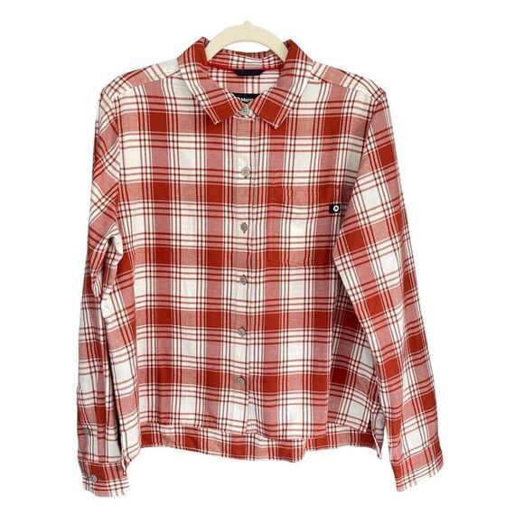 B6 Marmot Womens Plaid Barrie Brushed Flannel Button Down Shirt Red Cream Medium - Picture 1 of 7